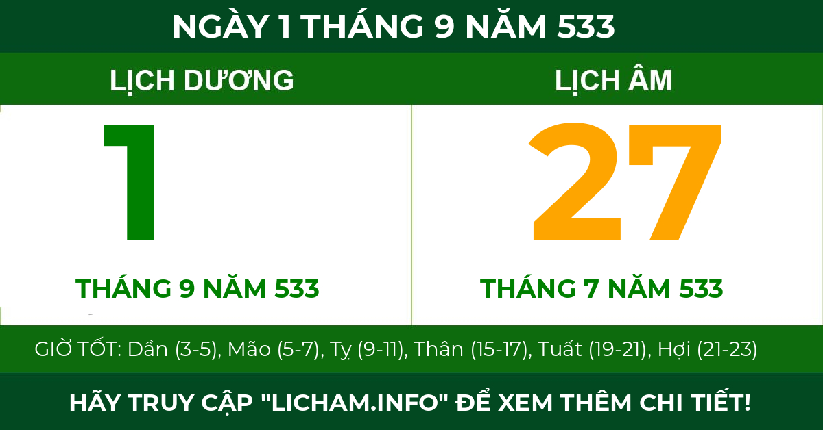 lịch âm ngày 1 tháng 9 năm 533