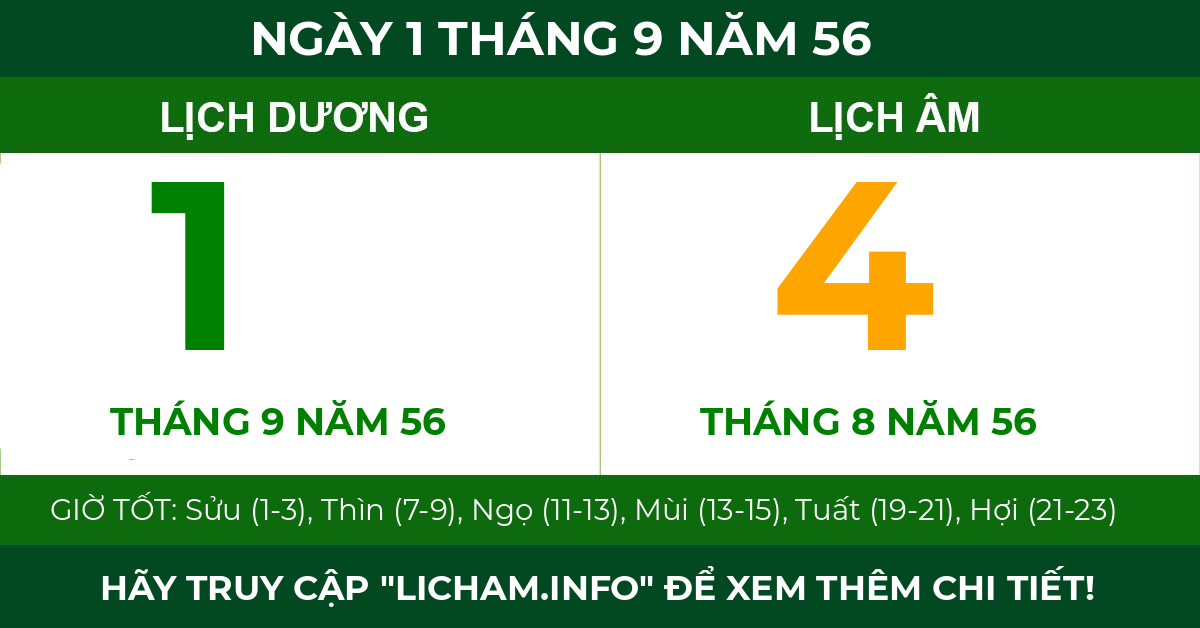 lịch âm ngày 1 tháng 9 năm 56