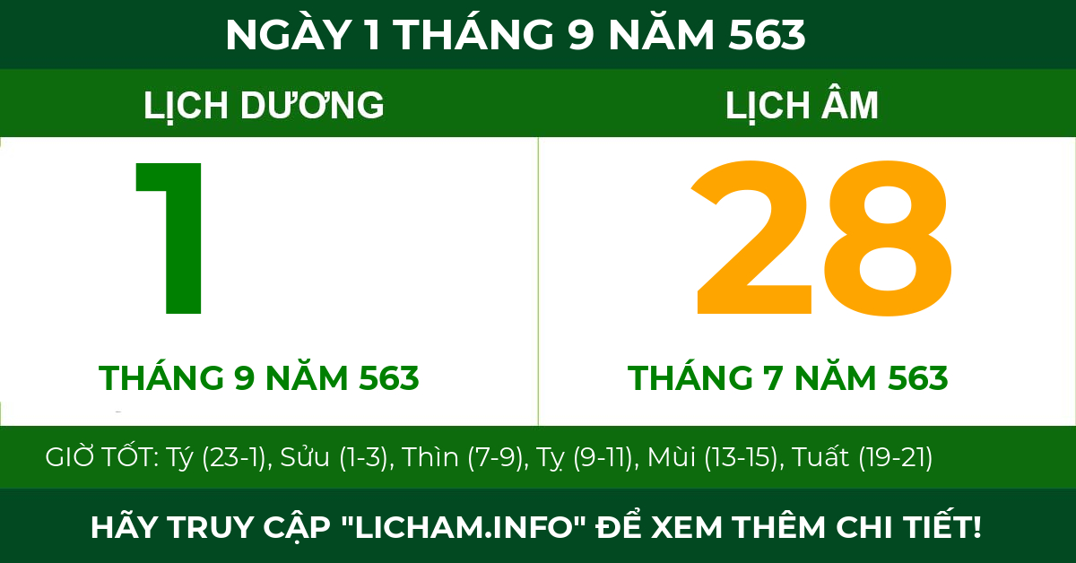 lịch âm ngày 1 tháng 9 năm 563