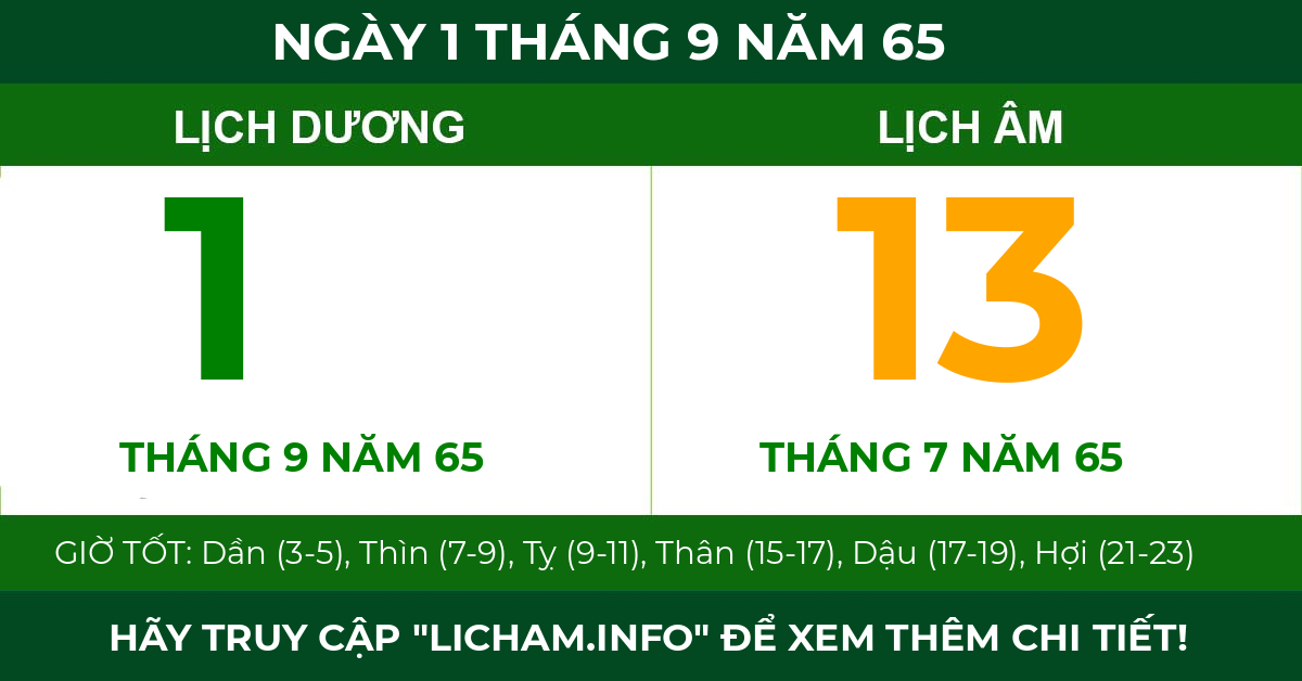 lịch âm ngày 1 tháng 9 năm 65