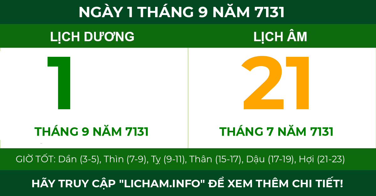 lịch âm ngày 1 tháng 9 năm 7131