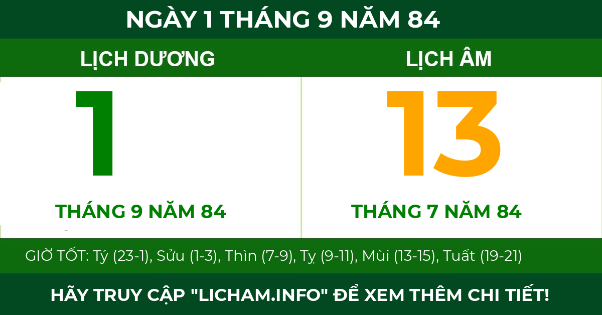 lịch âm ngày 1 tháng 9 năm 84