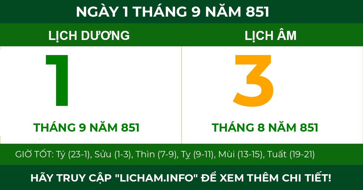 lịch âm ngày 1 tháng 9 năm 851
