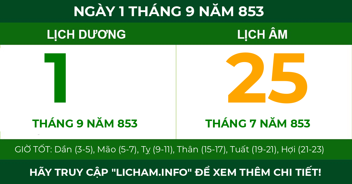 lịch âm ngày 1 tháng 9 năm 853