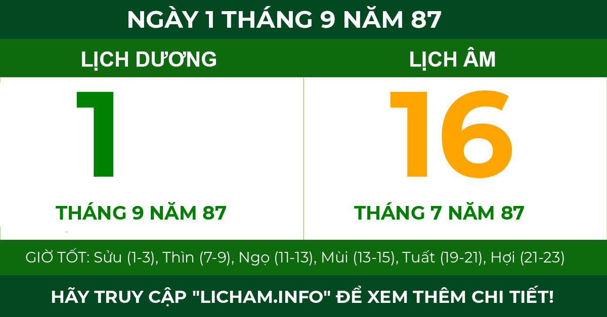 lịch âm ngày 1 tháng 9 năm 87