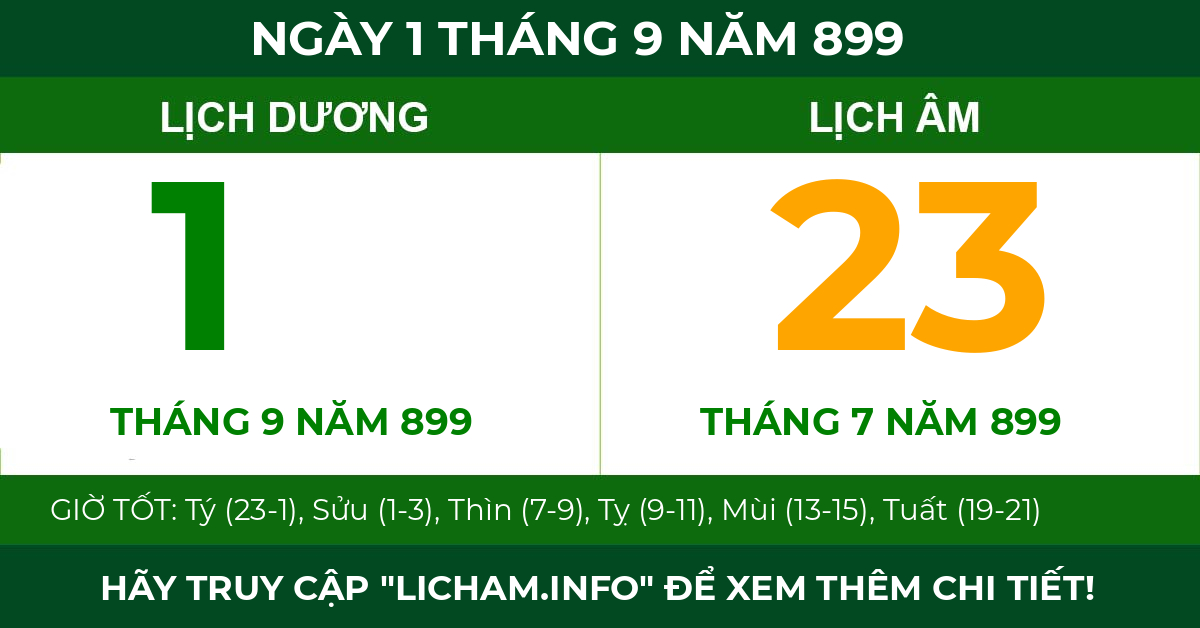 lịch âm ngày 1 tháng 9 năm 899