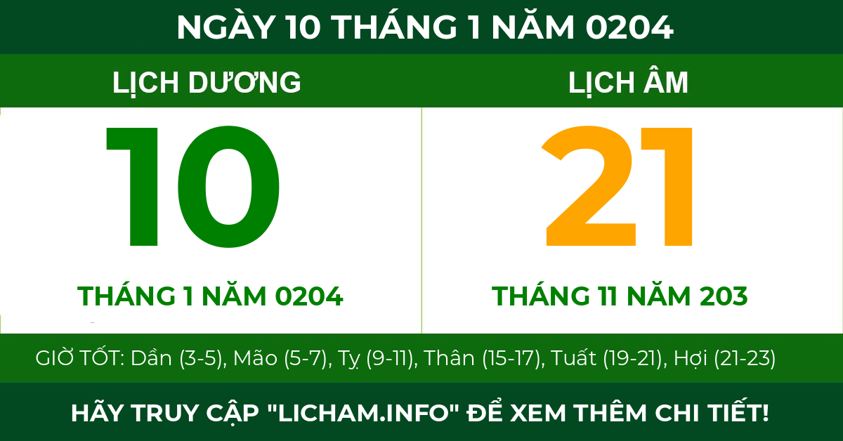 lịch âm ngày 10 tháng 1 năm 0204