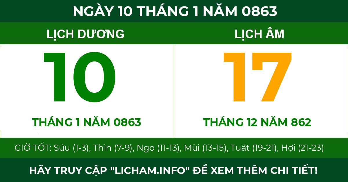 lịch âm ngày 10 tháng 1 năm 0863