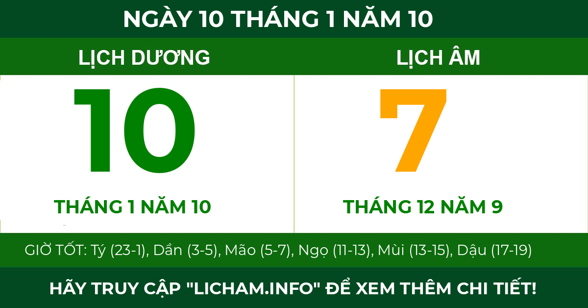 lịch âm ngày 10 tháng 1 năm 10