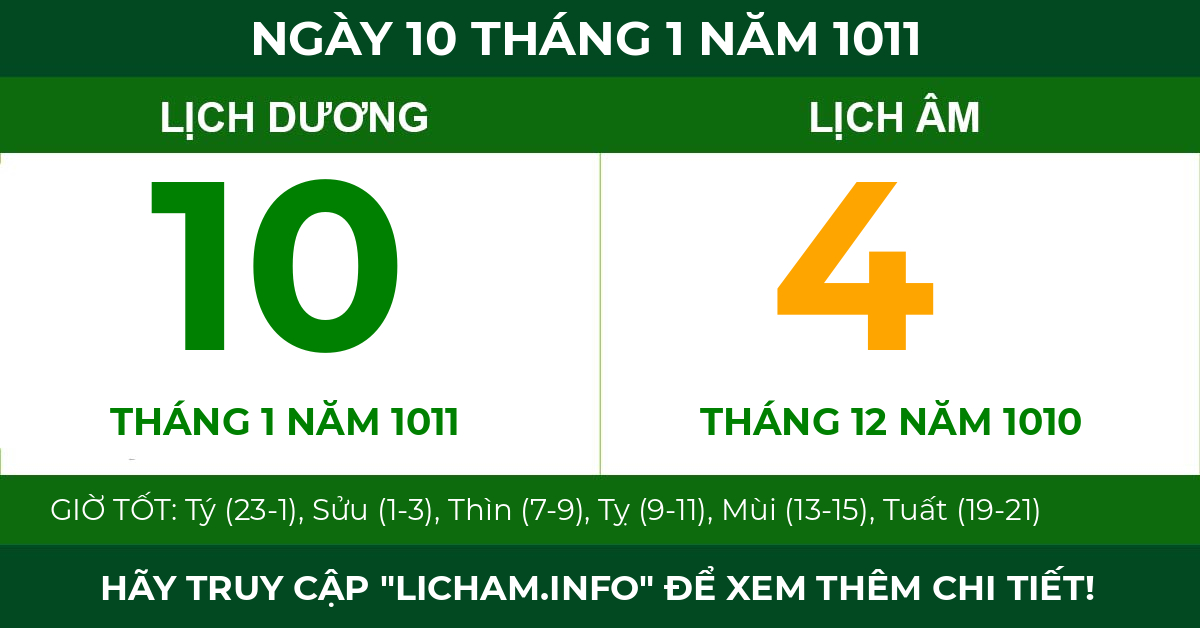 lịch âm ngày 10 tháng 1 năm 1011