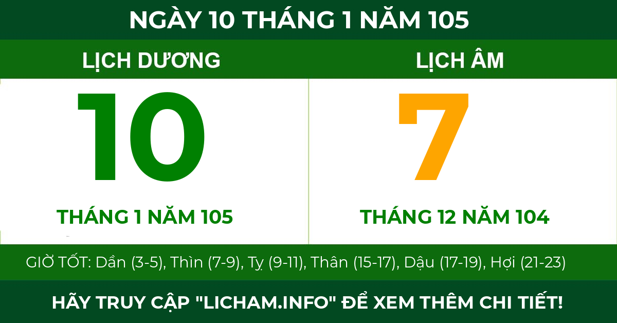 lịch âm ngày 10 tháng 1 năm 105