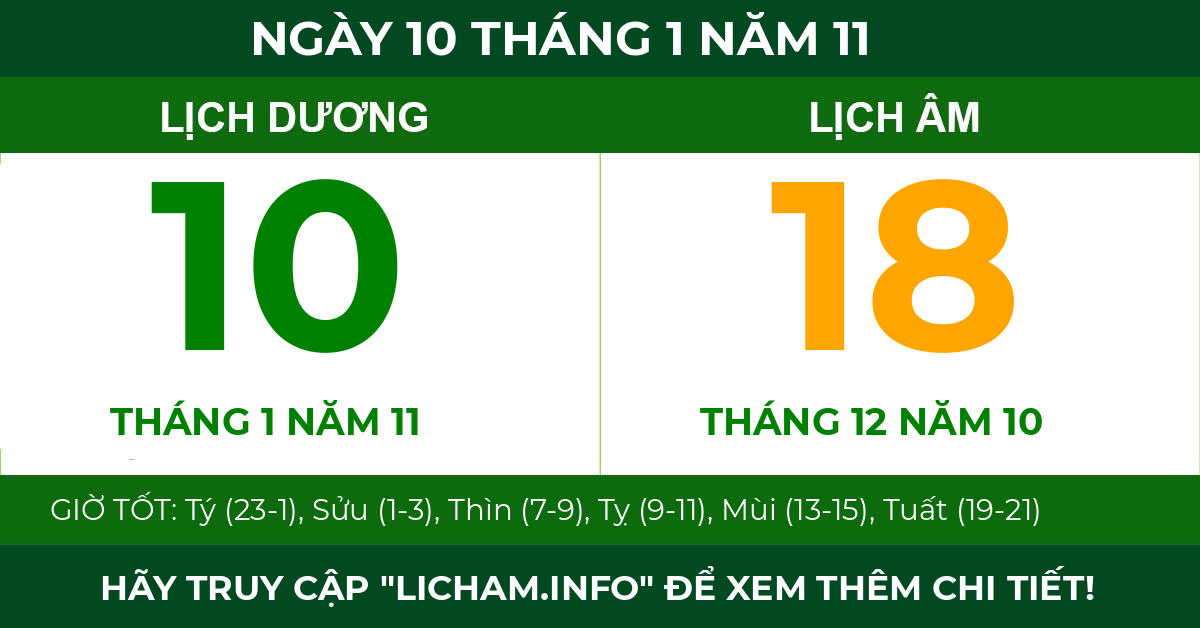 lịch âm ngày 10 tháng 1 năm 11