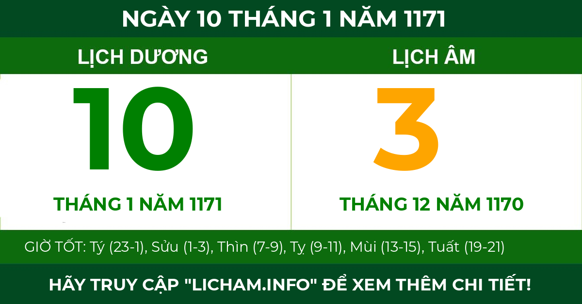 lịch âm ngày 10 tháng 1 năm 1171
