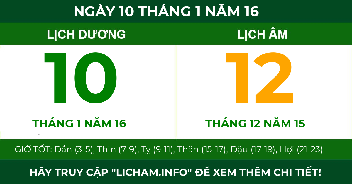 lịch âm ngày 10 tháng 1 năm 16