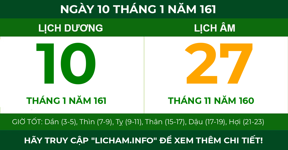 lịch âm ngày 10 tháng 1 năm 161