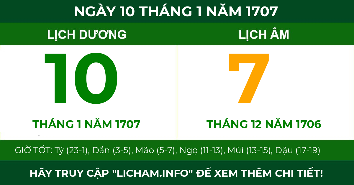 lịch âm ngày 10 tháng 1 năm 1707