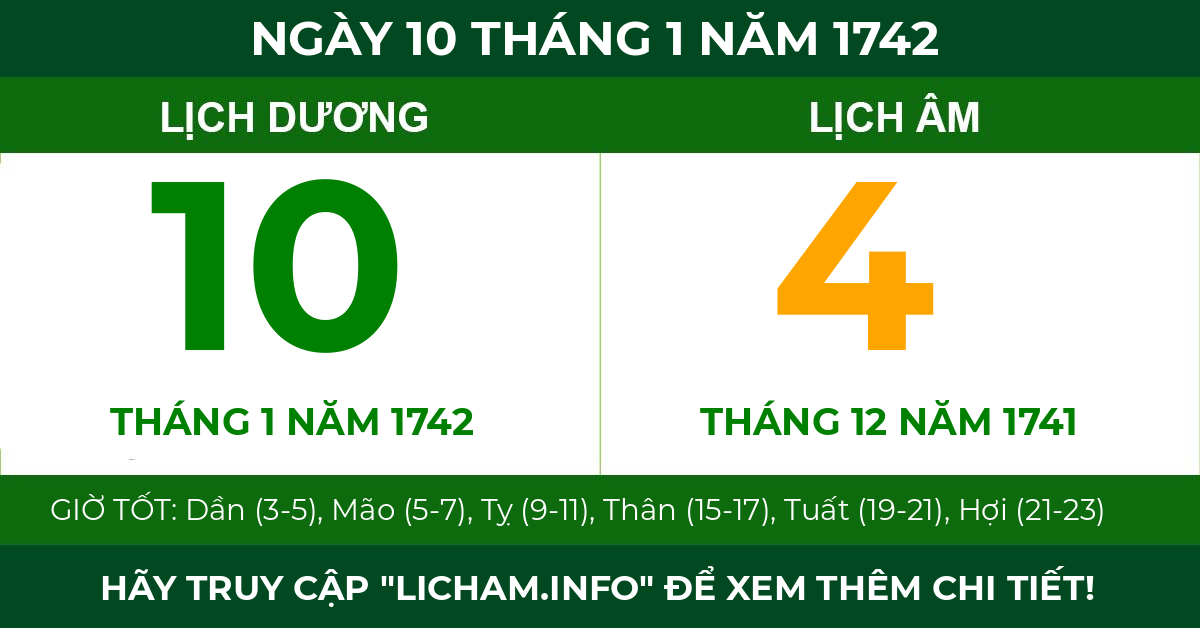 lịch âm ngày 10 tháng 1 năm 1742