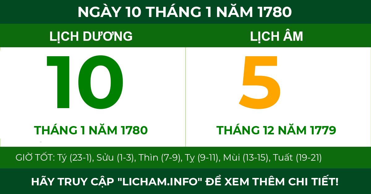 lịch âm ngày 10 tháng 1 năm 1780