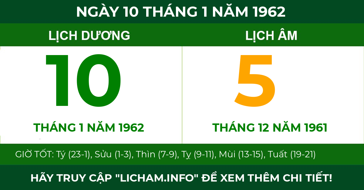 lịch âm ngày 10 tháng 1 năm 1962