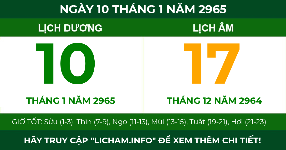 lịch âm ngày 10 tháng 1 năm 2965