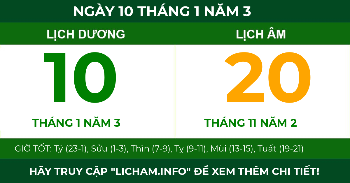 lịch âm ngày 10 tháng 1 năm 3