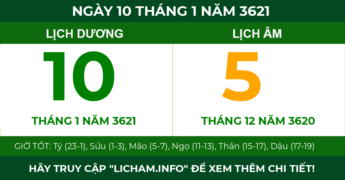 lịch âm ngày 10 tháng 1 năm 3621