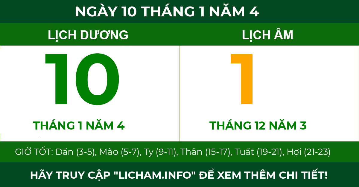 lịch âm ngày 10 tháng 1 năm 4