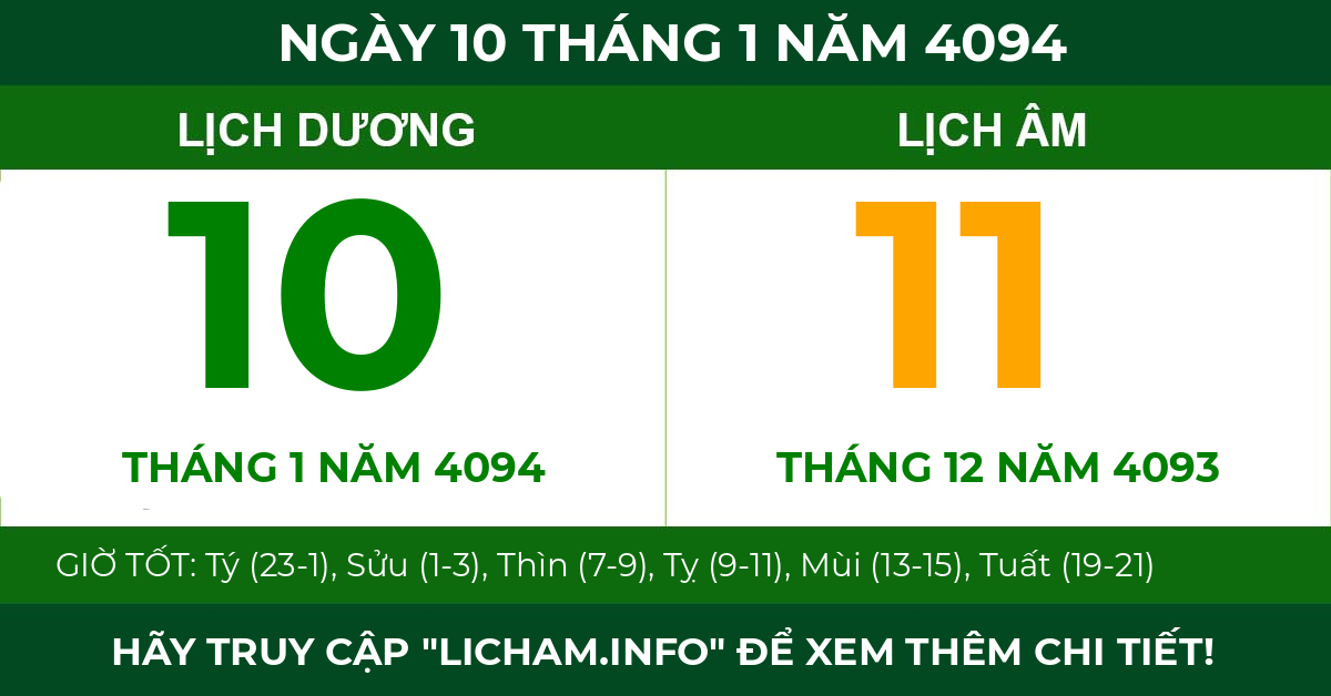 lịch âm ngày 10 tháng 1 năm 4094