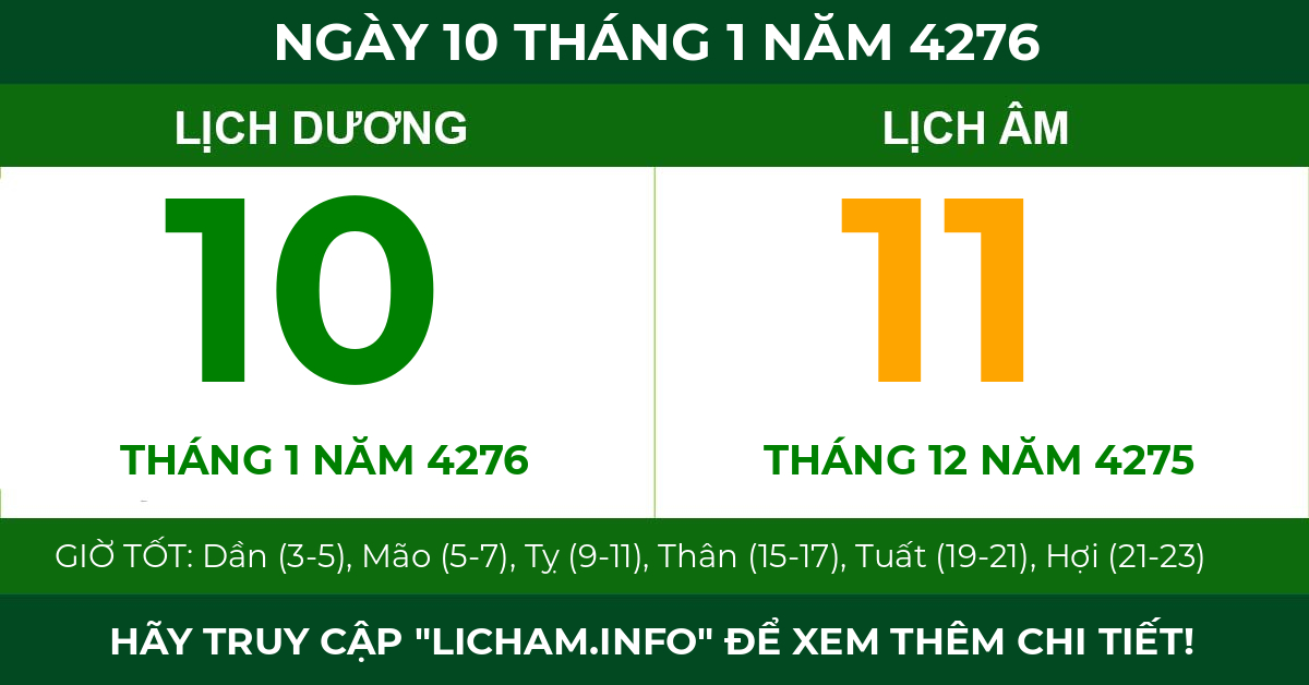 lịch âm ngày 10 tháng 1 năm 4276