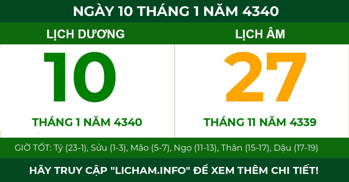 lịch âm ngày 10 tháng 1 năm 4340