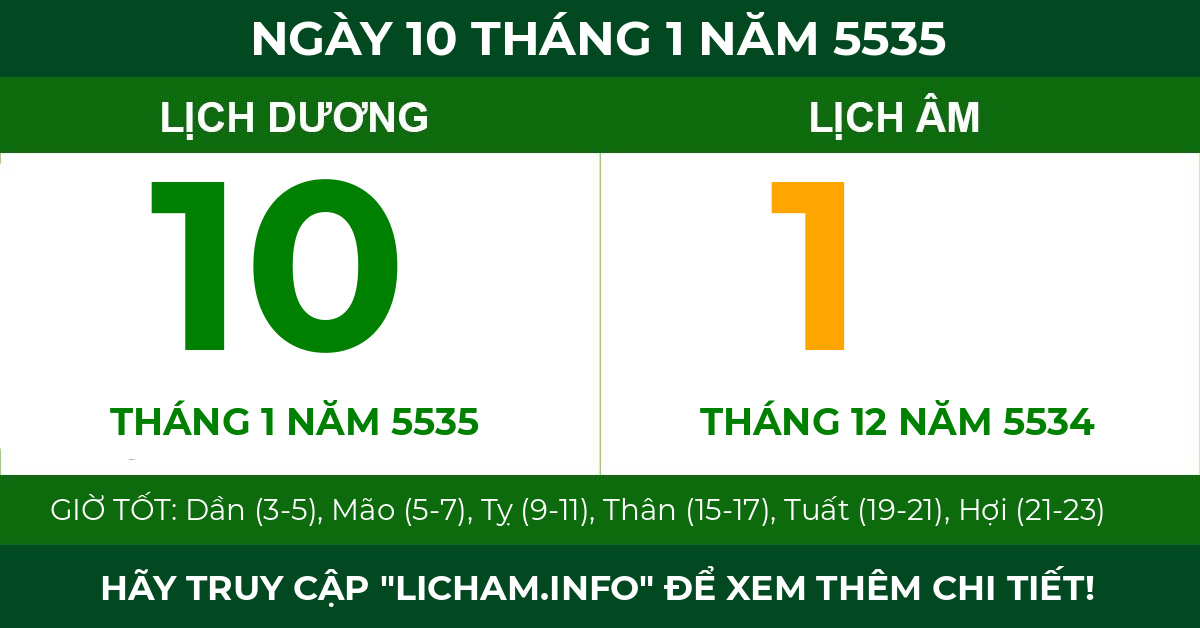 lịch âm ngày 10 tháng 1 năm 5535