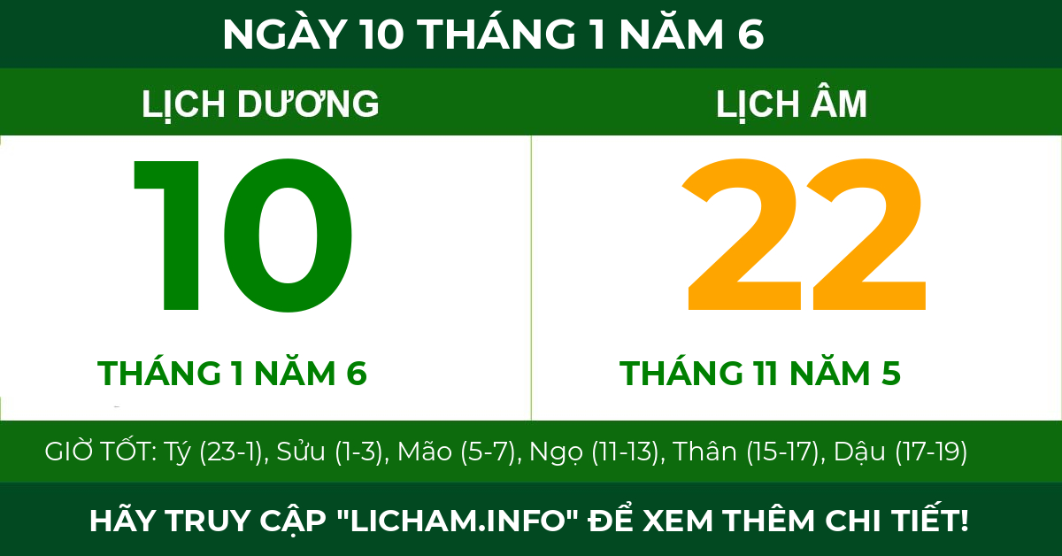 lịch âm ngày 10 tháng 1 năm 6