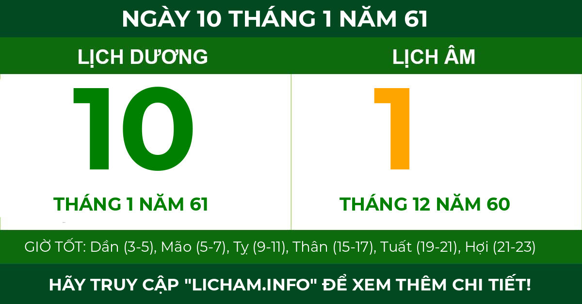 lịch âm ngày 10 tháng 1 năm 61