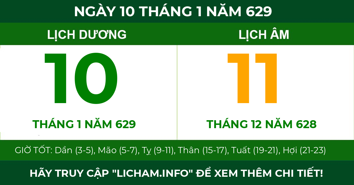 lịch âm ngày 10 tháng 1 năm 629