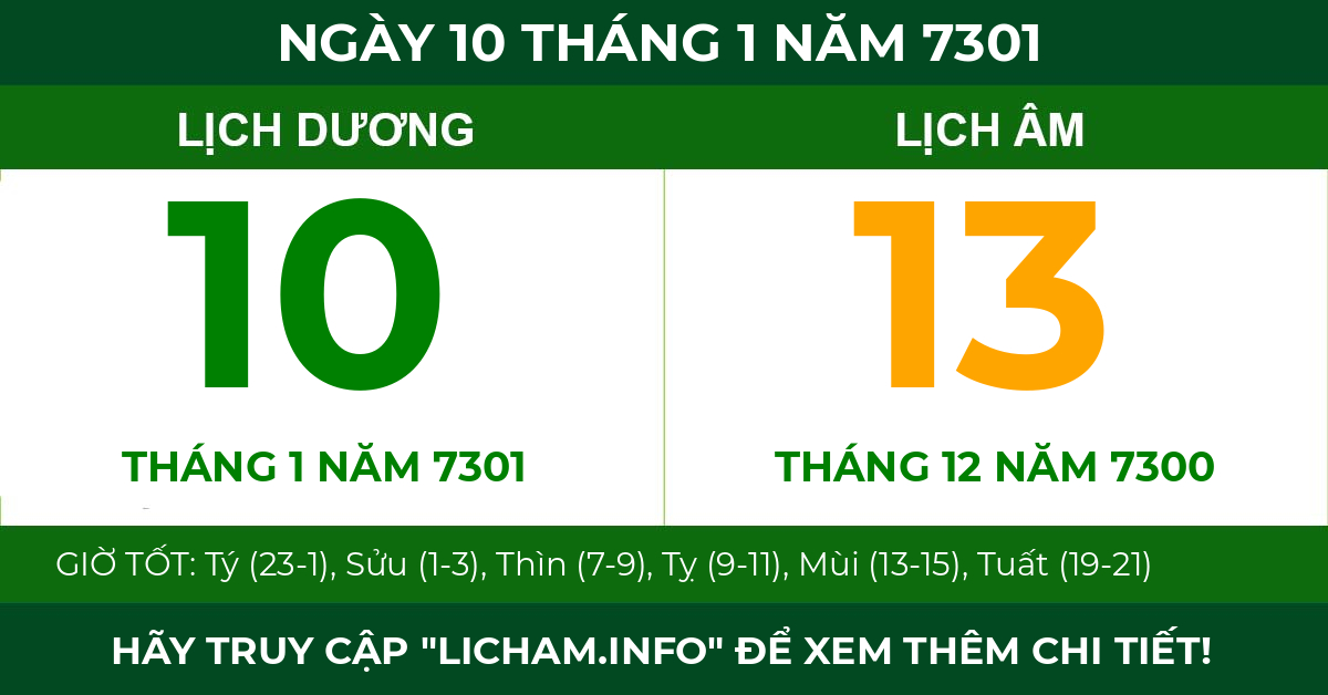 lịch âm ngày 10 tháng 1 năm 7301