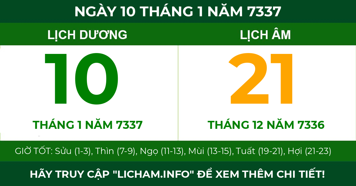 lịch âm ngày 10 tháng 1 năm 7337