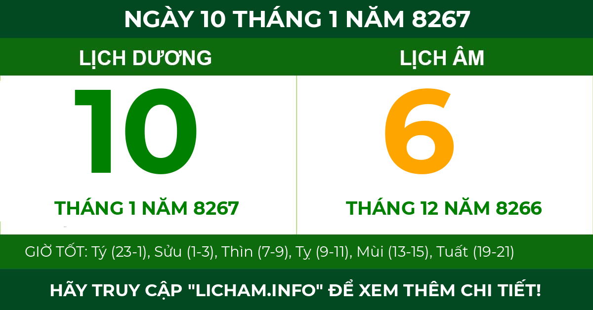 lịch âm ngày 10 tháng 1 năm 8267