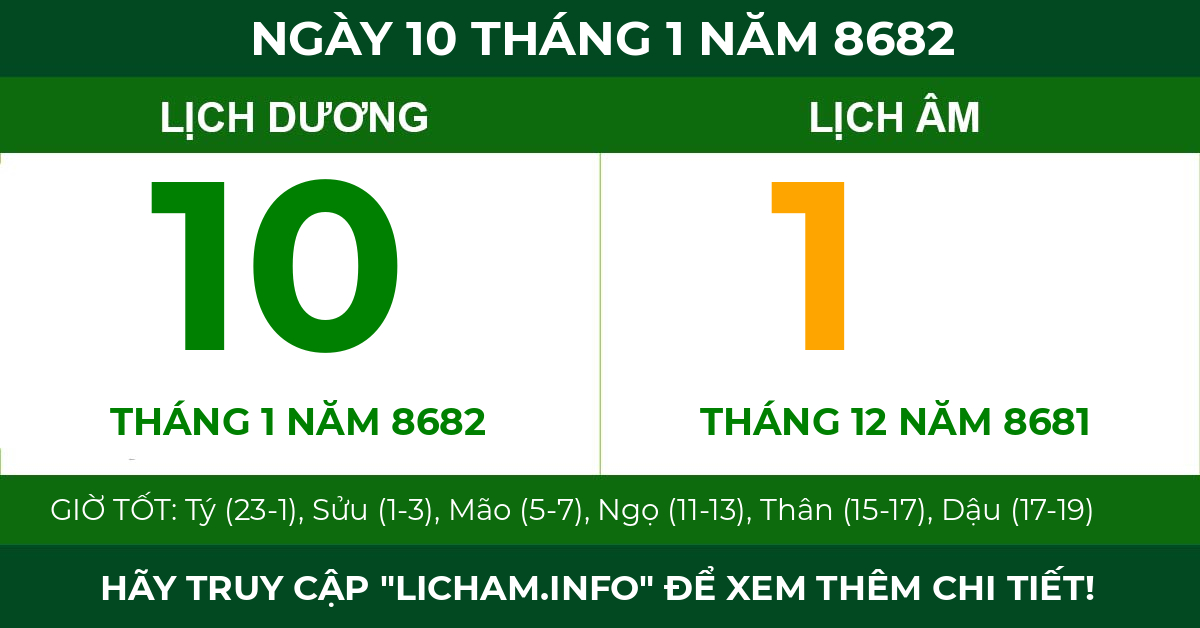 lịch âm ngày 10 tháng 1 năm 8682
