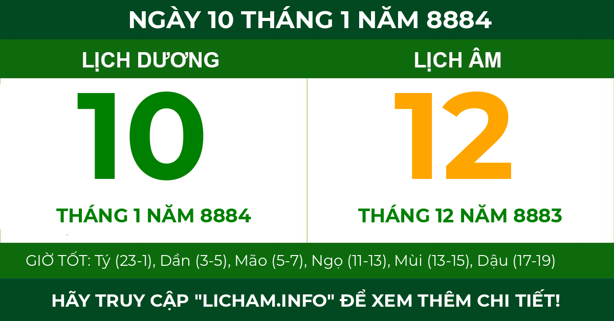 lịch âm ngày 10 tháng 1 năm 8884