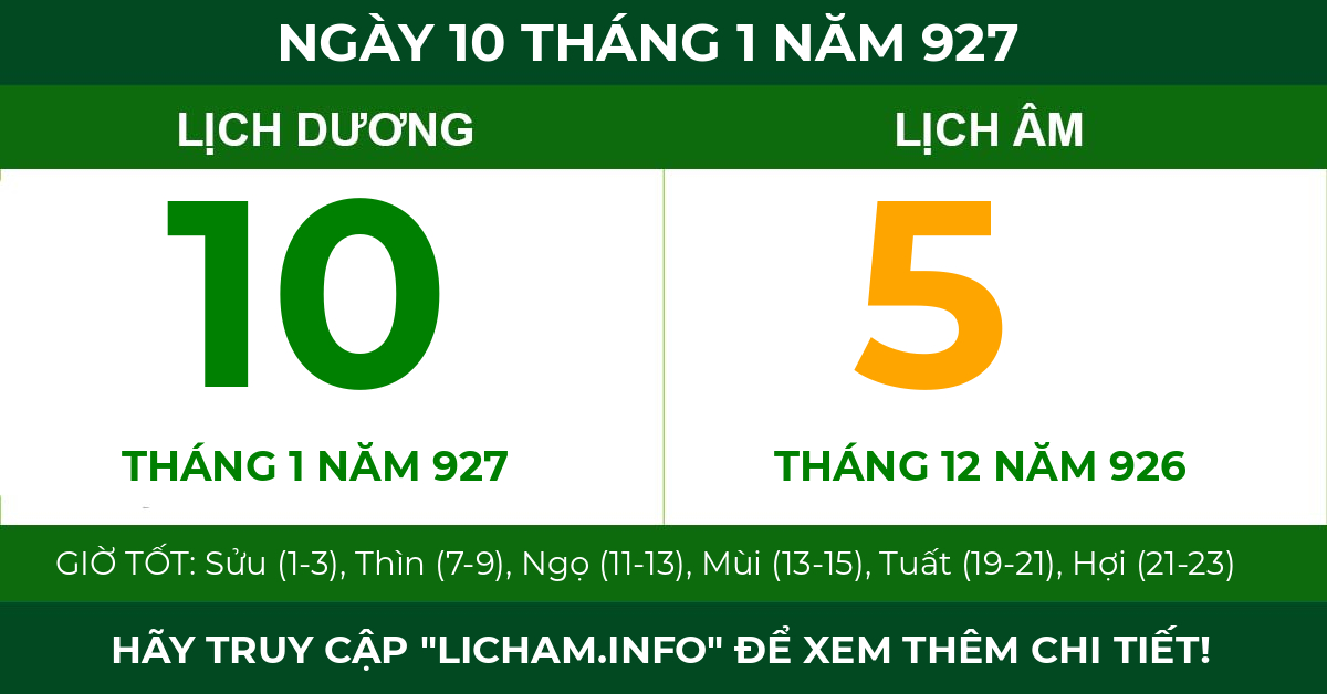 lịch âm ngày 10 tháng 1 năm 927