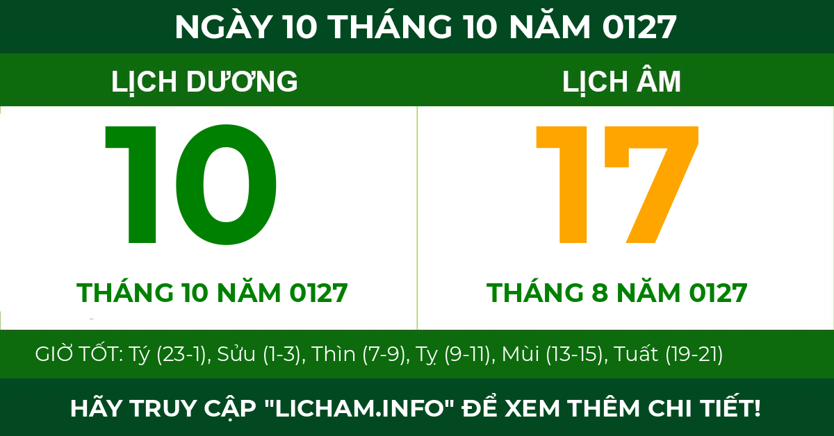 lịch âm ngày 10 tháng 10 năm 0127