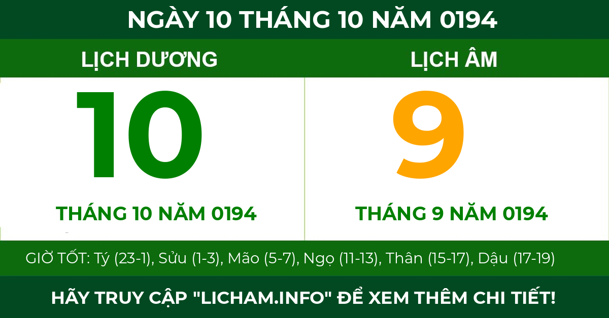 lịch âm ngày 10 tháng 10 năm 0194