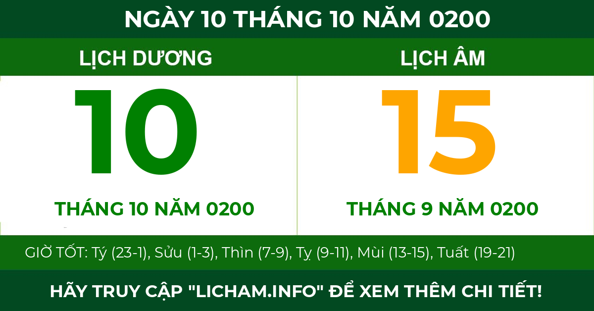 lịch âm ngày 10 tháng 10 năm 0200
