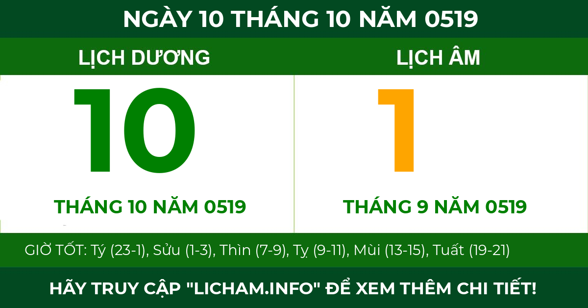 lịch âm ngày 10 tháng 10 năm 0519