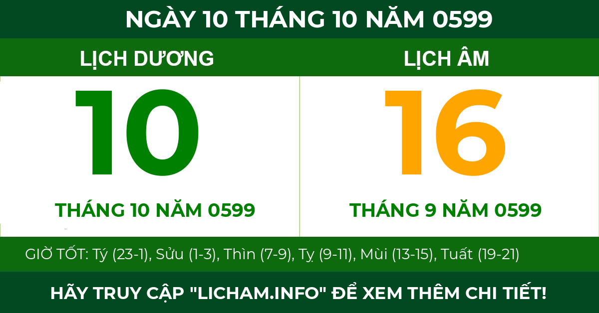 lịch âm ngày 10 tháng 10 năm 0599