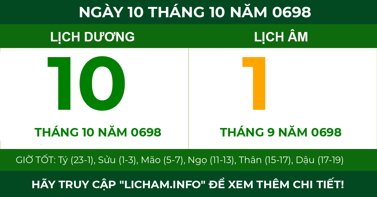 lịch âm ngày 10 tháng 10 năm 0698