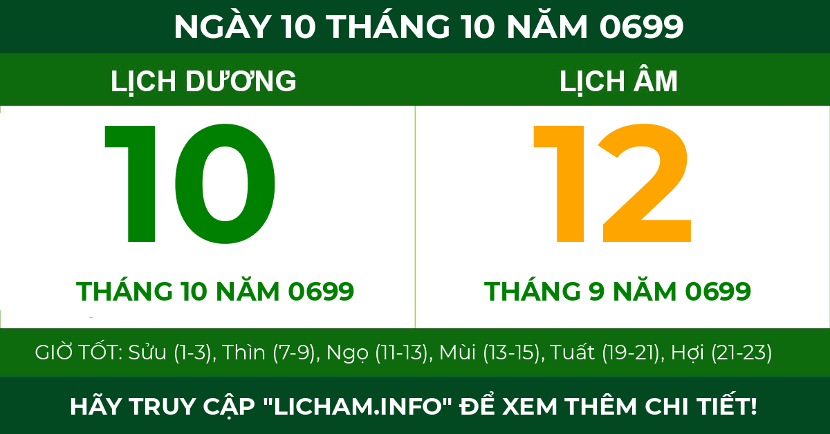 lịch âm ngày 10 tháng 10 năm 0699