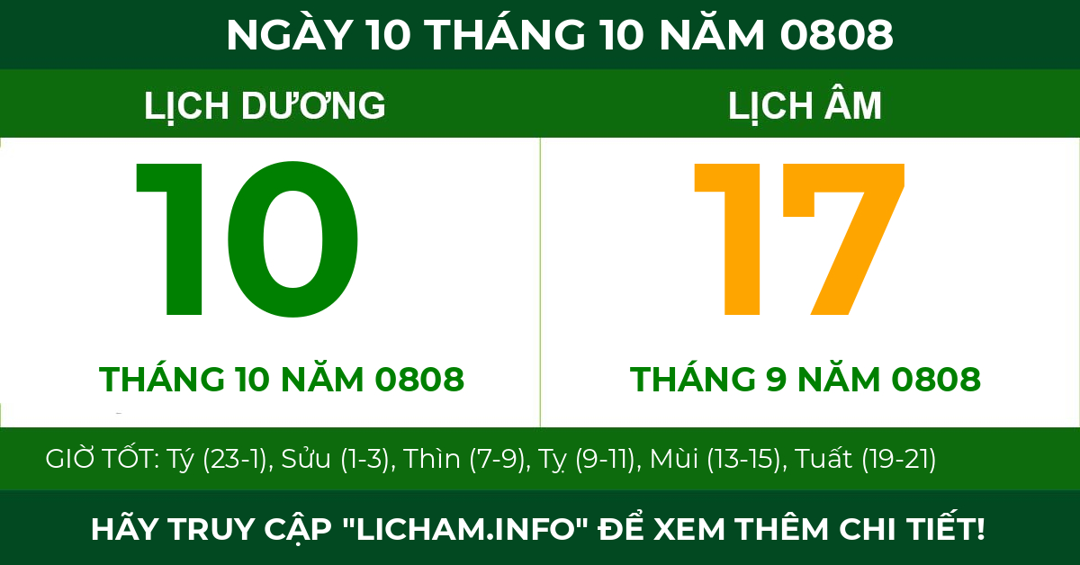 lịch âm ngày 10 tháng 10 năm 0808