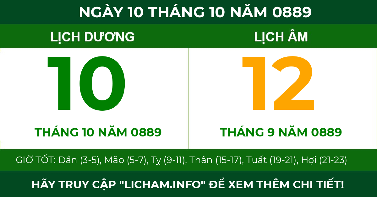 lịch âm ngày 10 tháng 10 năm 0889