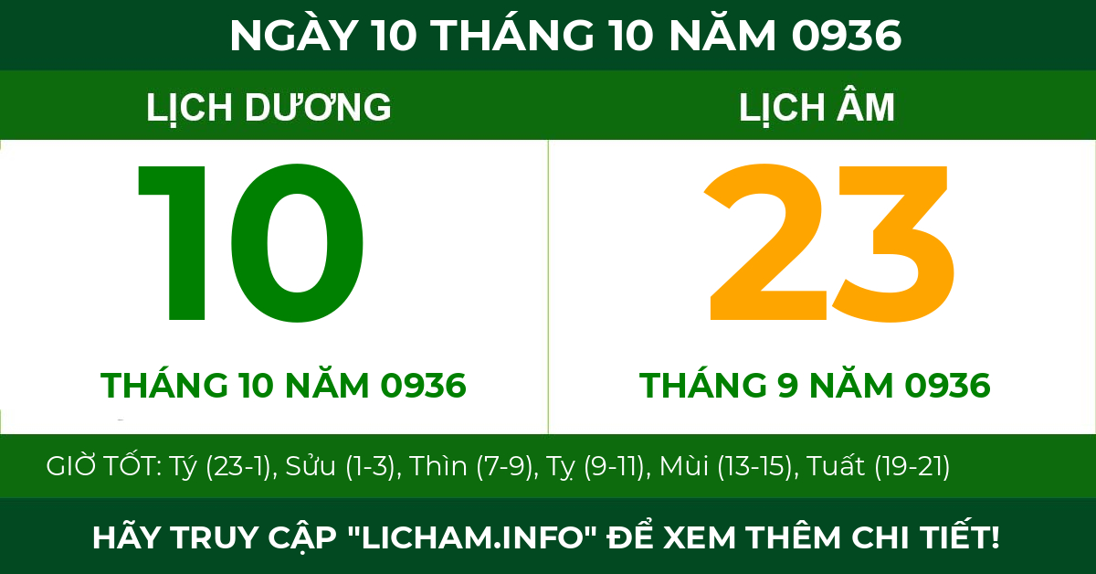 lịch âm ngày 10 tháng 10 năm 0936